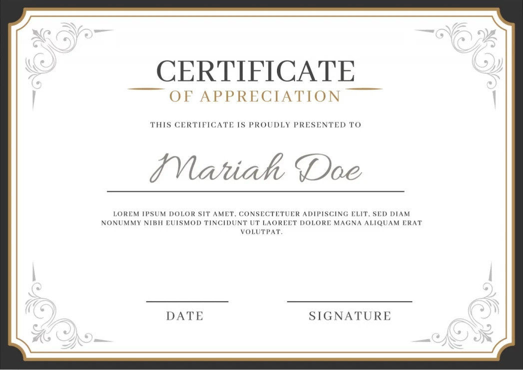 Sample certificate of appreciation with an ornate gold border and a placeholder recipient name